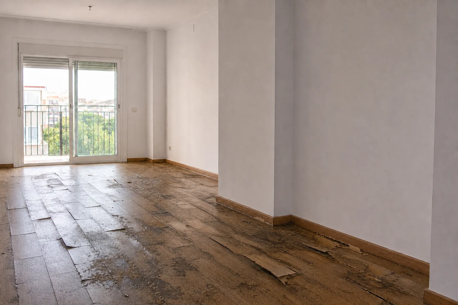 Synthetic living-room evidence showing extensively broken and moisture-damaged floating laminate flooring.